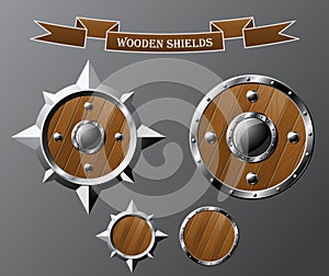 Set of realistic wooden shields