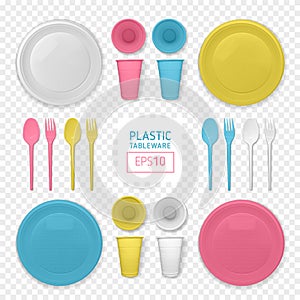 Set of realistic yellow, blue, pink and white plastic dishes