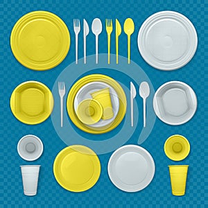 Set of realistic yellow and white plastic dishes