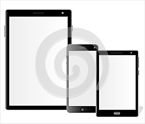 Set of a realistik tablet computer and two smartphones of different models.