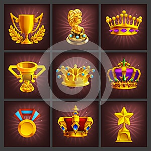 Set of receiving the cartoon golden trophies, medals, award and achievements game screen.