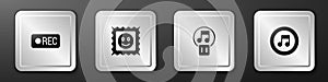 Set Record button, LSD acid mark, Pause and Music note, tone icon. Silver square button. Vector