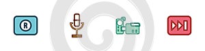 Set Record button, Microphone, Cinema camera and Fast forward icon. Vector