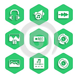 Set Record button, Music player, Vinyl disk, wave equalizer, and Headphones icon. Vector