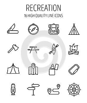 Set of recreation icons in modern thin line style.