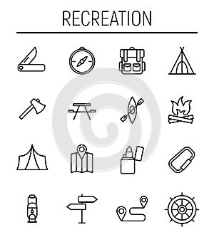 Set of recreation icons in modern thin line style.