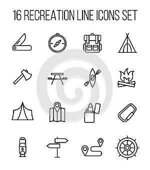 Set of recreation icons in modern thin line style.