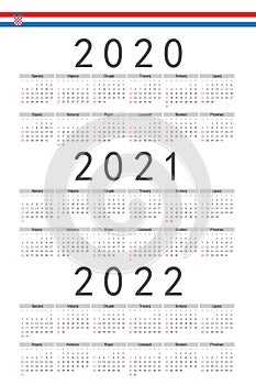 Set of rectangle Croatian 2020, 2021, 2022 year vector calendars