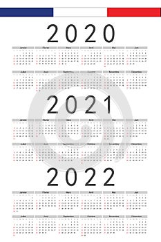 Set of rectangle French 2020, 2021, 2022 year vector calendars