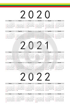 Set of rectangle Lithuanian 2020, 2021, 2022 year vector calendars