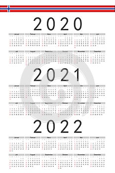 Set of rectangle Norwegian 2020, 2021, 2022 year vector calendars