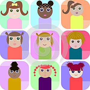 Set of rectangle vector icons with cute little girls