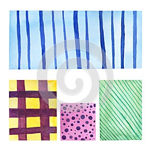 Set rectangular background striped and dottedprint watercolor cage isolated on white. Art for design paper, printing