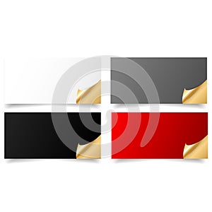 Set of rectangular banner templates in white, gray, black, and red with curled golden corners Vector