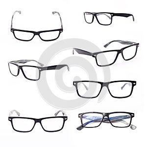 Set of rectangular black-rimmed glasses are view from above. photo