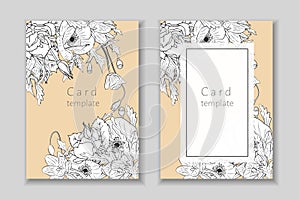 Set of rectangular frame with monochrome hand drawn crocus,poppy, rose flowers arrangement. Greeting card template. Vector