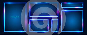 A set of rectangular neon frames with shining effects, highlights and inscriptions on a dark background.