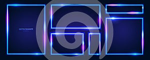 A set of rectangular neon frames with shining effects, highlights and inscriptions on a dark background.