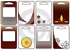 Set of rectangular patterned tags in chocolate, cocoa, coffee color. Collection of white-brown labels with blank space and frames