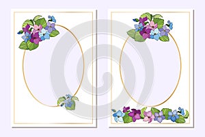 Set of rectangular postcard templates with oval frames decorated with bouquets of violet flowers.