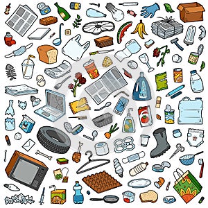 Set of recyclable items. Colorful vector collection of objects on the theme of garbage and environmental pollution