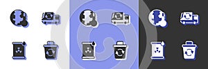 Set Recycle bin, Earth melting to global warming, Radioactive waste barrel and Garbage truck icon. Vector