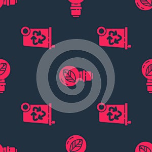 Set Recycle bin with recycle and Light bulb with leaf on seamless pattern. Vector