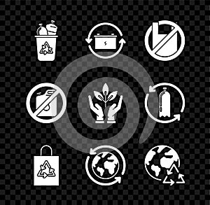 Set Recycle bin with recycle symbol, Battery, Say no to plastic bags poster, Plastic, Planet earth and recycling, No