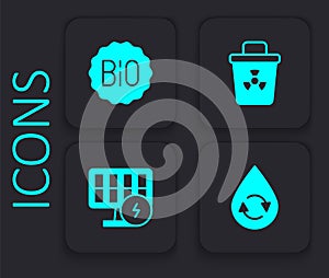 Set Recycle clean aqua, Banner for bio, Infectious waste and Solar energy panel icon. Black square button. Vector