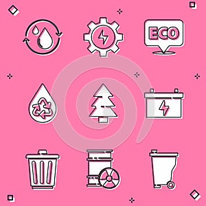 Set Recycle clean aqua, Gear and lightning, Label for eco healthy food, Christmas tree, Car battery, Trash can and