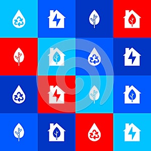 Set Recycle clean aqua, House and lightning, Tree and Eco friendly house icon. Vector