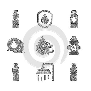 Set Recycle clean aqua, Shower head, Bottle of water, Fire hydrant, Water drop with speech bubbles, and icon. Vector