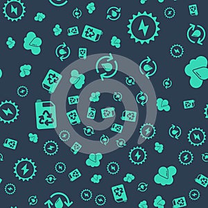 Set Recycle clean aqua, Solar energy panel, Eco fuel canister and Cloud with rain on seamless pattern. Vector