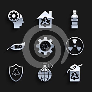 Set Recycle symbol and gear, Planet earth recycling, Tag with recycle, Radioactive, inside shield, Leaf Bio, Bottle of