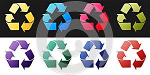 Set Recycle symbol icon isolated on black and white background. Circular arrow icon. Environment recyclable go green