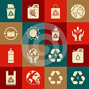 Set Recycle symbol and leaf, Canister for gasoline, Plant hand of environmental protection, Plastic bag with recycle