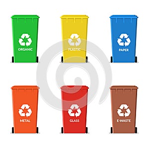 Set of recycling garbage containers. Rubbish bins for trash sorted by organic, plastic, paper, metal, glass, e-waste