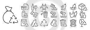 Set of recycling icons. Illustrations representing different types of recyclable materials and recycling activities such as paper