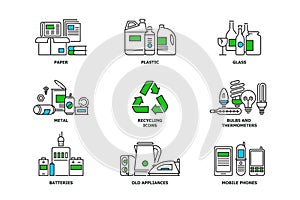 Set of recycling icons in line design. Recycle vector flat illustrations. Waste paper, metal, plastic, glass, bulbs, e