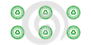 Set of recycling organic, plastic, paper, glass, metal and e-waste green cirlce badge with Mobius strip, band or loop