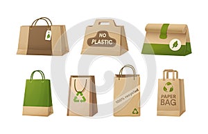 Set recycling paper bags. Cardboard for carrying with eco friendly logo. Disposable package with handle for purchase or delivery.