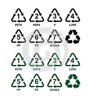 Set of recycling symbols for plastic. Green and black vector signs. Isolated on white background