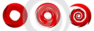 Set of red abstract spiral, swirl, twirl and whirl elements. Cochlear, helix, vortex icon