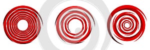 Set of red abstract spiral, swirl, twirl and whirl elements. Cochlear, helix, vortex icon