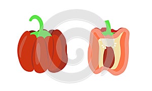 Set of red bell pepper whole and half cut. Isolated on white background. Flat cartoon style drawing.