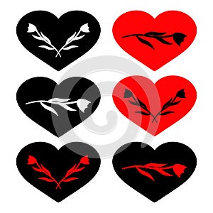 Set of red and black heart symbols with silhouette of flowers inside. Conceptual vector clipart and drawing.