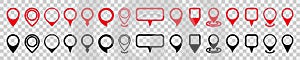 Set red and black pin map marker pointer icon on transparent background, GPS location flat symbol