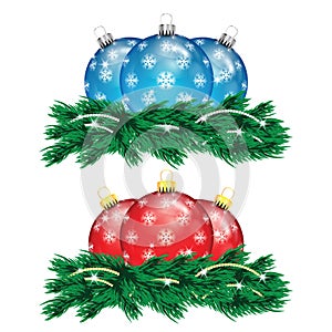Set of red and blue Christmas balls and Christmas tree
