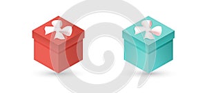 Set of red and blue gift box with bow on white isolated background. Realistic 3D gift for New Year, Christmas, Birthday