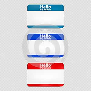 Set of red and blue hello name tag isolated. EPS 10